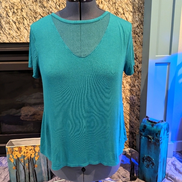 Teal tee with sheer neck/chest - L - Picture 1 of 3